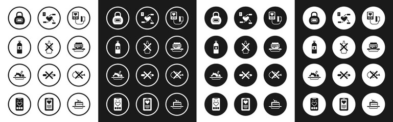 Set Blood pressure, No alcohol, Bottle of water, Kettlebell, Junk food, Attention to health heart, meat and Healthy icon. Vector