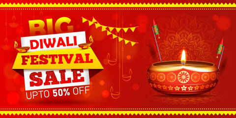 big diwali festival sale discount banner design with diya illustration