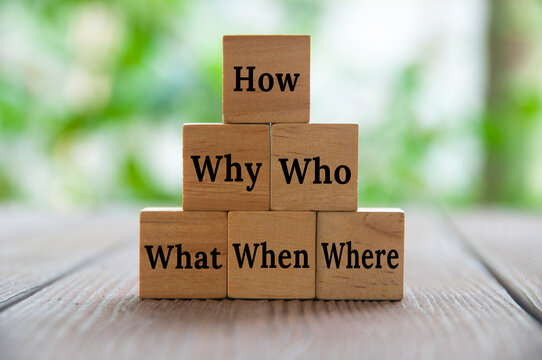 Text on wooden blocks with blurred nature background - How, Why, What, When, Where, Who. Fact finding concept