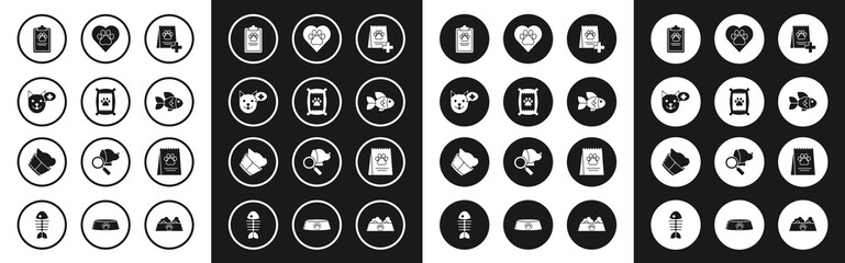 Set Bag of food for dog, Veterinary clinic symbol, Clipboard with medical clinical record pet, Fish, Heart animals footprint, and icon. Vector