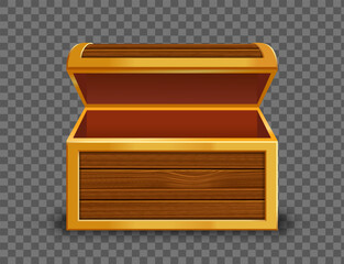 Open wooden old chest. Template isolated on a transparent background