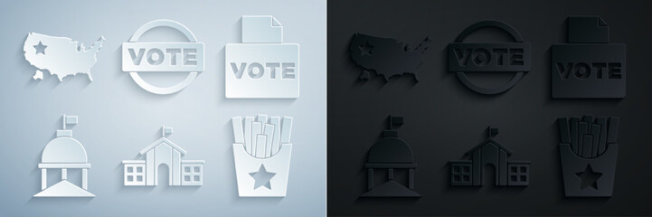 Set United States Capitol Congress, Vote box, White House, Potatoes french fries in, and USA map icon. Vector