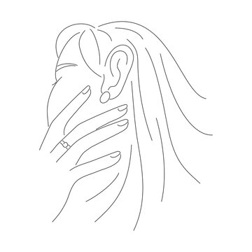 recommend clip art: Woman line portrait with jewelry elements. Linear girl face with earrings. Minimal hand drawn art. Vector illustration isolated on white.