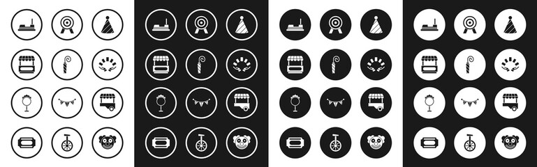 Set Party hat, Birthday party horn, Fast street food cart, Bumper, Hand holding playing cards, Target, and Circus fire hoop icon. Vector © Oksana