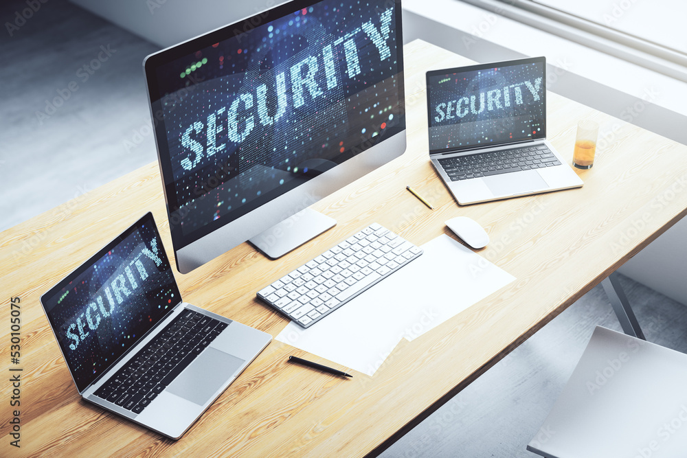 Poster Cyber security creative concept on modern laptop monitor. 3D Rendering