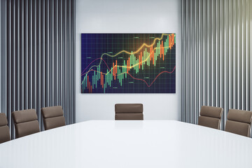 Abstract creative financial chart on presentation tv screen in a modern meeting room, research and analytics concept. 3D Rendering