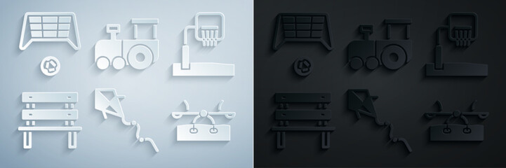 Set Kite, Basketball backboard, Bench, Seesaw, Toy train and Soccer goal with icon. Vector