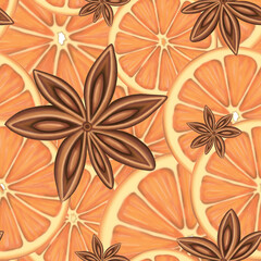 Seamless pattern with oranges and star anise. Digitally drawn elements.