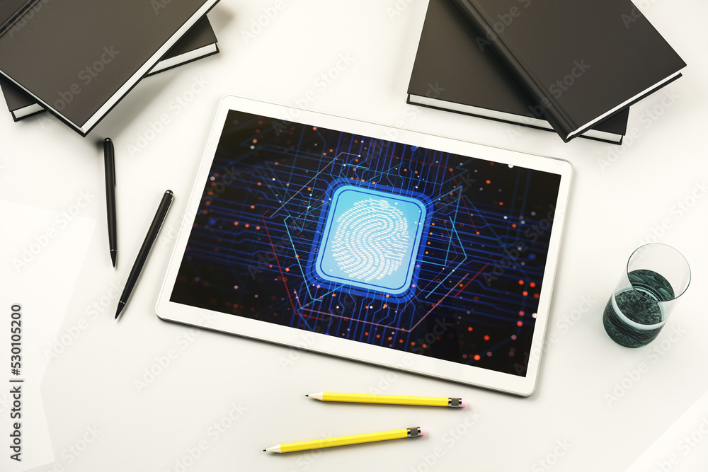 Fototapete abstract creative fingerprint concept on modern digital tablet screen. top view. 3d rendering