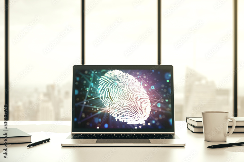 Poster Modern computer display with abstract graphic fingerprint sketch, fingerprint scan data concept. 3D Rendering