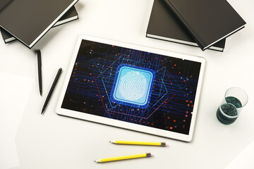 Abstract creative fingerprint concept on modern digital tablet screen. Top view. 3D Rendering