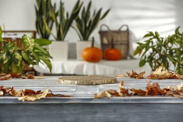 Desk of free space and autun leaves 