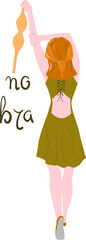 concepts of a day without a bra. A red-haired girl stands with her back turned and holds a bra in her hand. Postcard "Day without a bra" on October 13. The concept of freedom, feminism