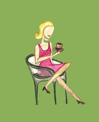 Girl With Cup Of Coffee sitting in street cafe.Hand drawn young woman without a face sitting in street cafe.Watercolor illustration filtered Poster Edges in Photoshop. Blonde hair girl in pink dress