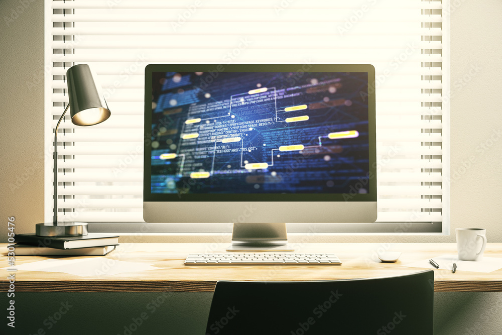 Fototapete modern computer screen with abstract creative coding sketch, artificial intelligence and neural netw