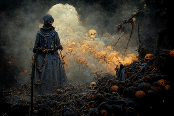 Obraz premium Grim reaper with haunted, creepy graveyard.Digital art