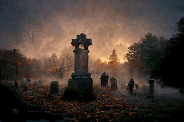 Old abandoned cemetery on a sunny autumn morning.Digtal art