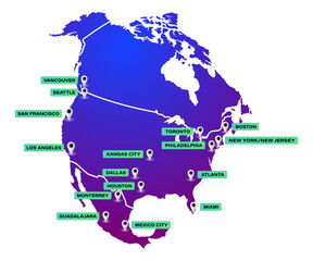 Vector map of North America with 16 cities hosting the 2026 Football World Cup in the USA, Canada and Mexico - obrazy, fototapety, plakaty
