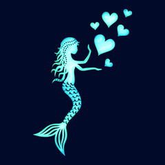 Mermaid with hearts, blue, isolated on dark blue background