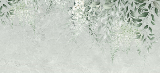 Floral background for wallpaper, watercolor greenery, can be used as poster. Botanical art. Mural. Leaves on marble. - obrazy, fototapety, plakaty