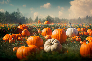 Idyllic autumn scene with field of pumpkins in grass on sunny sky. Thanksgiving and halloween holiday greeting card background. Beautiful season festive scenery with harvest crop on farm meadow