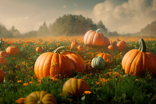 Idyllic autumn scene with field of pumpkins in grass on sunny sky. Thanksgiving and halloween holiday greeting card background. Beautiful season festive scenery with harvest crop on farm meadow