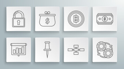 Set line Presentation financial board with graph, Gear and arrows as workflow process concept, Cryptocurrency coin Bitcoin, Stacks paper money cash and Lock icon. Vector