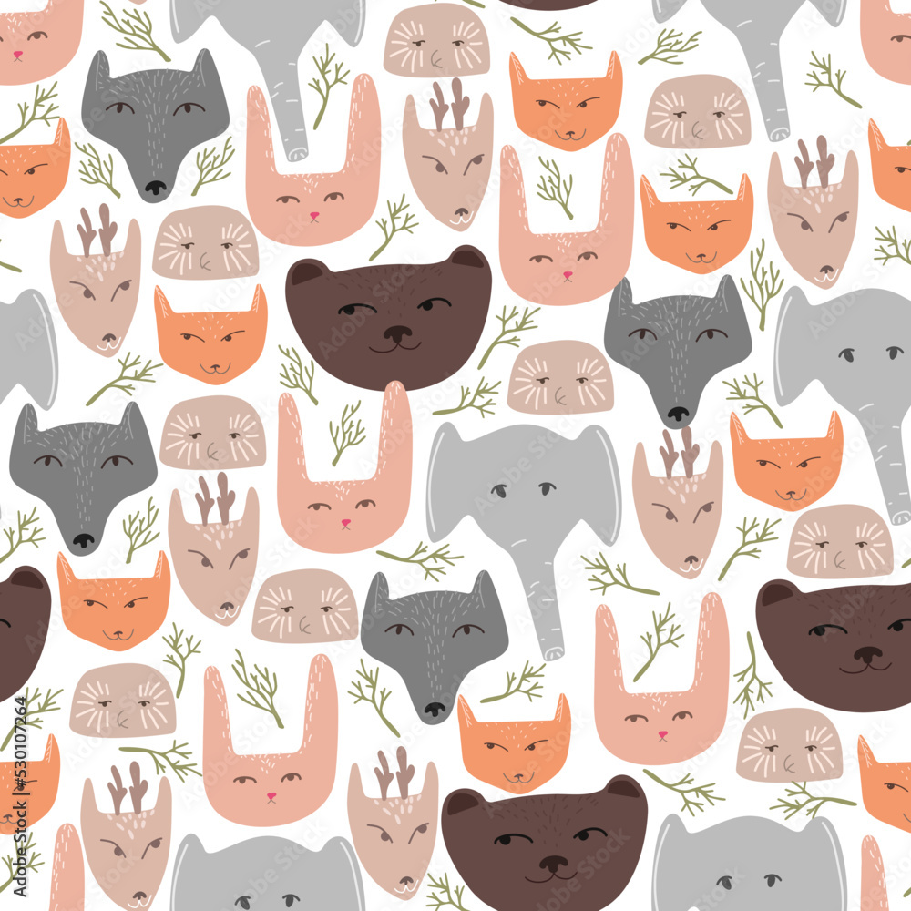 Poster seamless vector pattern with animal faces in doodle style. children's pattern for printing on pastel