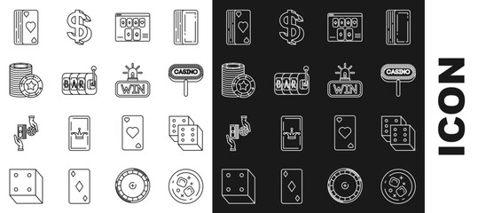 Set line Glass of whiskey and ice cubes, Game dice, Casino signboard, Online poker table game, Slot machine, chips, Deck playing cards and win icon. Vector
