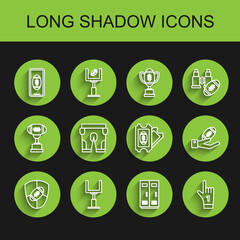 Set line American Football ball and shield, Locker or changing room for football, basketball team or workers, Number 1 fan hand glove finger raised, shorts, and ticket icon. Vector