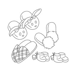 Home slippers for men with a pattern in a cage, slippers with a pompom, slippers in the shape of rabbits, booties. Outline on a white background hand drawn illustration