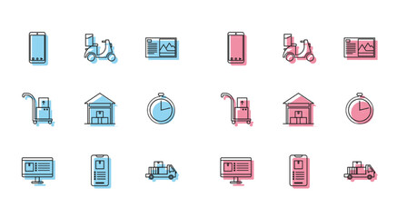 Set line Computer monitor with app delivery tracking, Mobile phone, Delivery truck cardboard boxes, Warehouse, Stopwatch, Hand and and Scooter icon. Vector