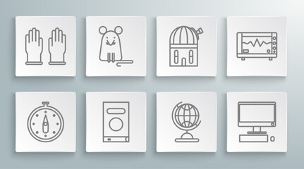 Set line Compass, Rat, Book, Earth globe, Computer monitor with keyboard and mouse, Astronomical observatory, cardiogram and Rubber gloves icon. Vector