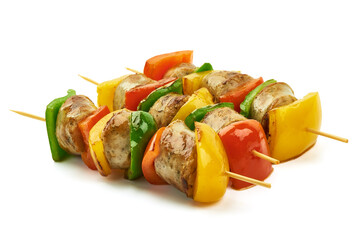 Kebab - grilled pork sausage skewers and vegetables BBQ, close-up, isolated on white background.