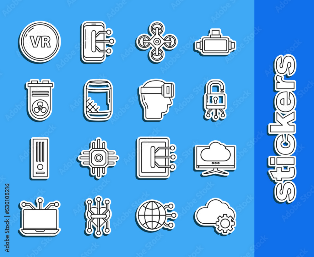 Poster set line cloud technology data transfer and storage, computer monitor screen, lock digital circuit b