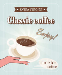 Mockup banner of a cup of classic coffee with a woman's hand in retro style