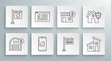 Set line Warehouse with dollar symbol, Hanging sign text Online Sale, Mobile phone smart home, Sold, House, shield and icon. Vector