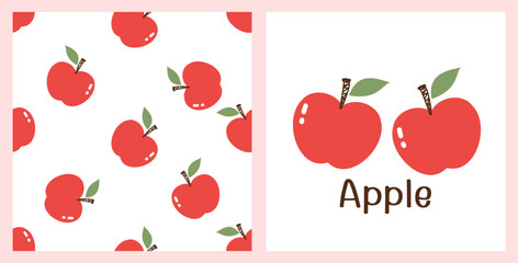 Seamless pattern with apple and green leaves on white background vector. Cute apple icon logo vector.