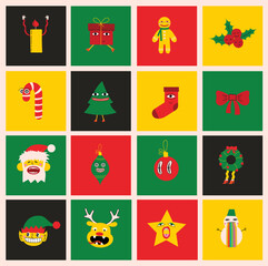 Merry Christmas and Happy New Year 2023. Vector trendy abstract illustrations of holiday card with santa claus, deer, crazy geometric shapes, christmas tree and wreath for poster.