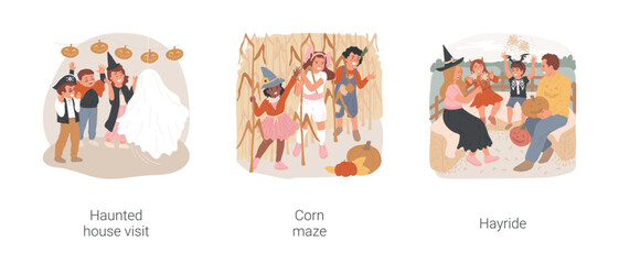 Halloween field trips isolated cartoon vector illustration set. Seasonal attraction for kids, haunted house visit, children in costumes at the corn maze, family having hayride vector cartoon.
