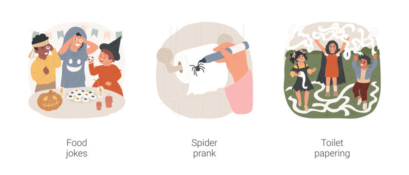 Halloween pranks isolated cartoon vector illustration set. Kids playing spooky game, Halloween food jokes, bathroom spider scary prank, toilet papering on trees, children have fun vector cartoon.