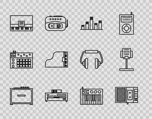 Set line Guitar amplifier, Music tape player, equalizer, CD, Piano, Grand piano, synthesizer and stand icon. Vector