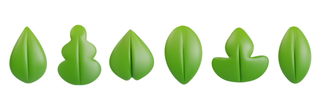 Set 3d realistic green leaf various shapes in minimalistic cartoon style. Collection modern design elements isolated on white background. Soft plastic children toy. Vector art illustration.