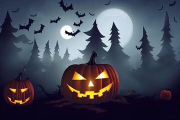 Halloween background, scary pumpkins in creepy forest in night backdrop.