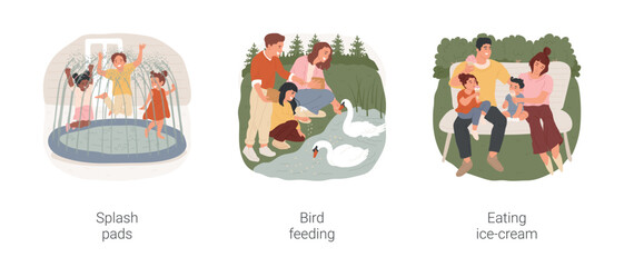 Outdoor family activities isolated cartoon vector illustration set. Summer fun, backyard splash pad, family feeding birds in the park, throwing crumbs, eating ice-cream together vector cartoon. © Vector Juice