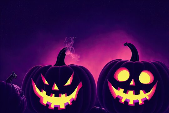 Halloween Background, Scary Pumpkins In Creepy Night Purple Backdrop Concept.