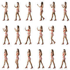 Set of side view young woman in beach clothes walking using cell phone recording, taking selfies and talking. Full body isolated on white background