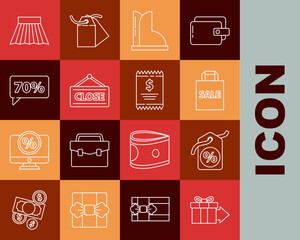 Set line Gift box, Discount percent tag, Shoping bag with Sale, Waterproof rubber boot, Hanging sign Closed, Seventy discount, Skirt and Paper check and financial check icon. Vector