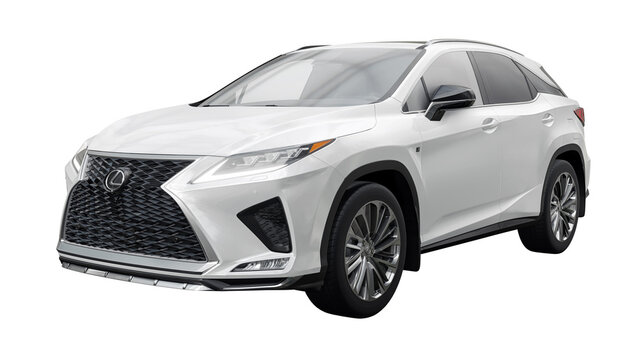 Tokio. Japan. July 26, 2022. White Lexus RX450 F-Sport on transparent background. A modern medium SUV of premium level with sophisticated Asian design and advanced equipment. 3d rendering.