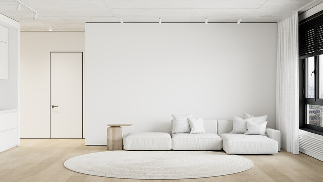 White contemporary minimalist interior with sofa and decor. 3d render illustration mockup.